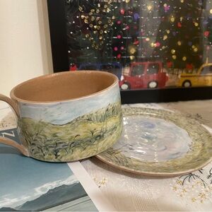 Artisan Ceramic Cup and Saucer Set - Pastel Green and Earthy Brown